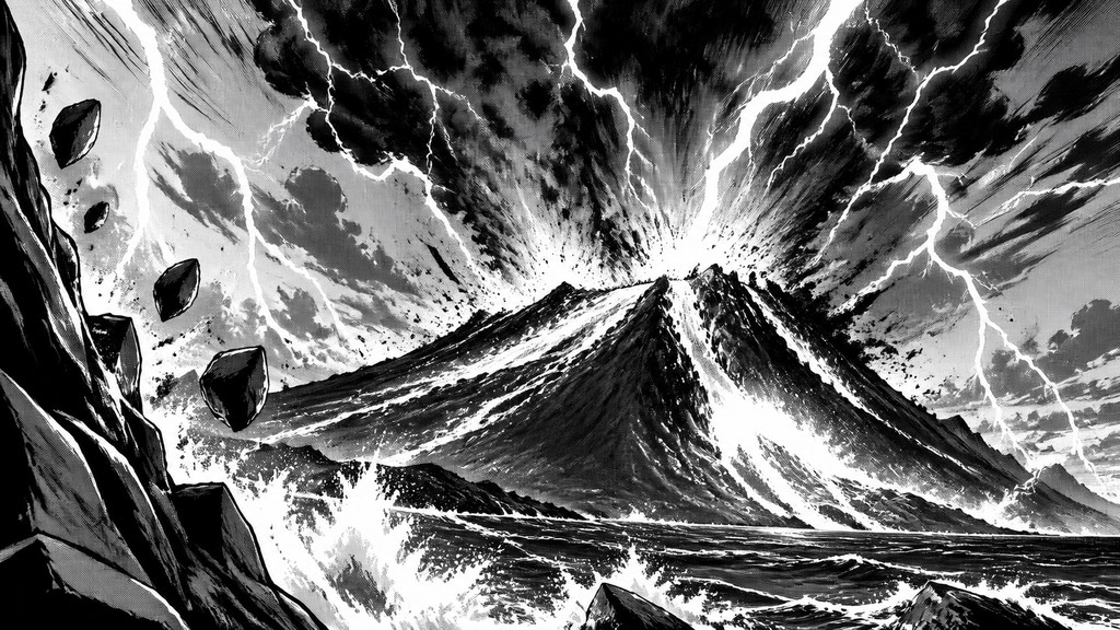 an erupting volcano with lightning strikes, dramatic wide composition, no text