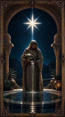 a robed figure pouring water beneath a large eight-pointed star in a night sky, symmetrical composition with an ornate decorative border, no text