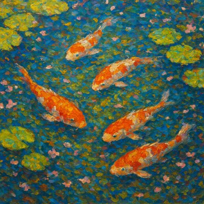 A koi pond seen from above, orange and white koi fish swimming among lily pads, clear water with subtle ripples, fallen cherry blossom petals floating on the surface, dappled sunlight