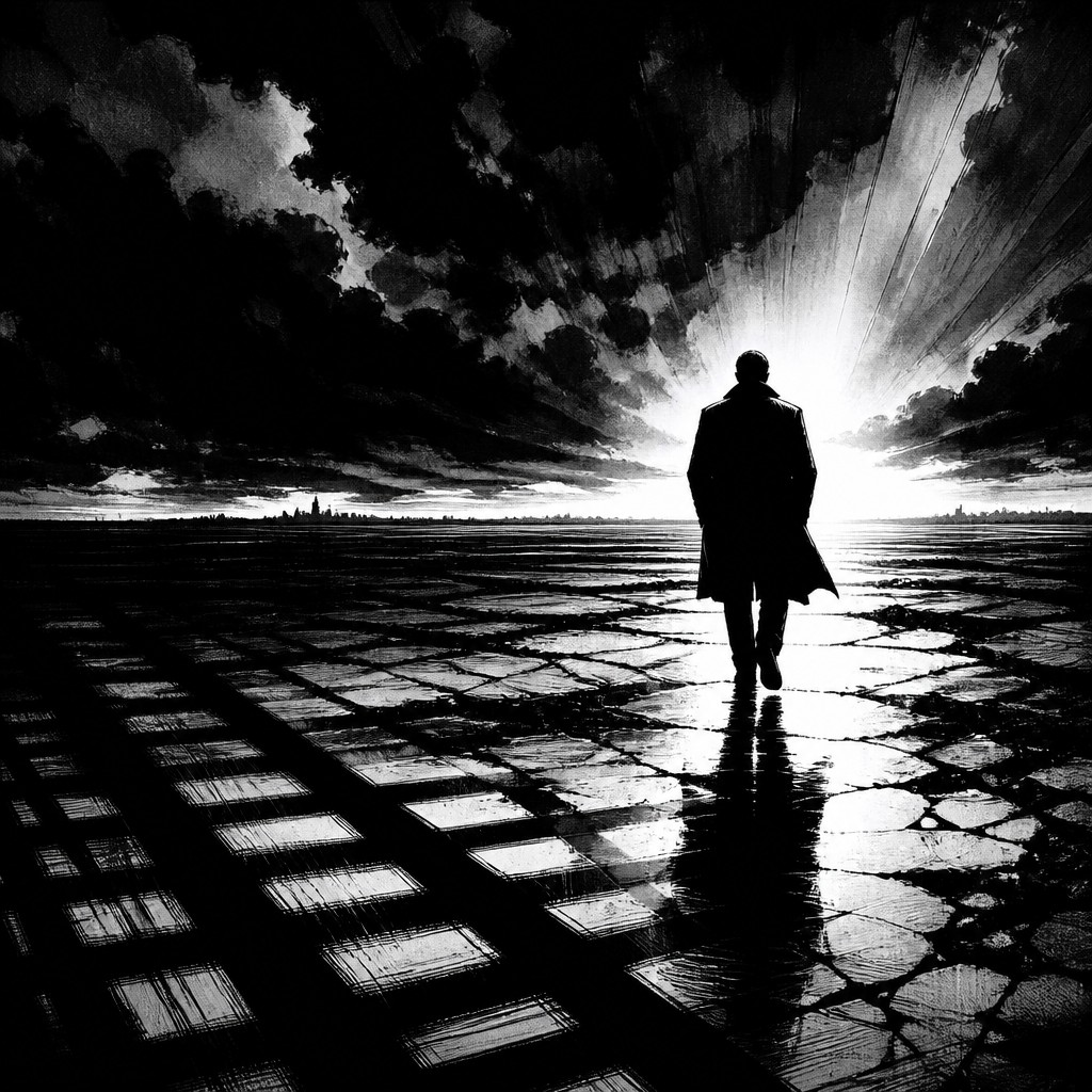 a solitary figure walking toward a glowing horizon across an empty plain, moody atmosphere, no text or lettering