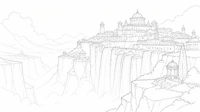 a cliffside city with waterfalls cascading into a misty canyon, wide establishing shot, no people, no text