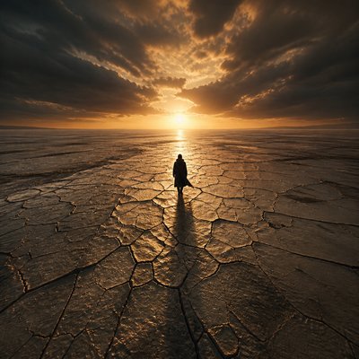 a solitary figure walking toward a glowing horizon across an empty plain, moody atmosphere, no text or lettering