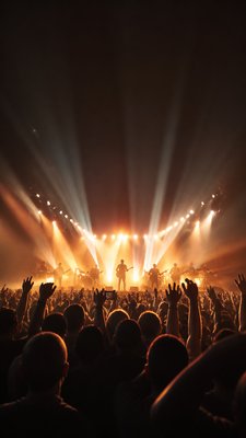 a live music scene with a glowing stage and silhouetted crowd, energetic vertical composition with open space at the top, no text