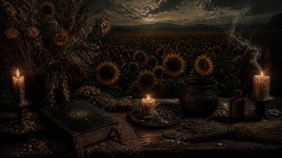 an endless field of sunflowers under summer clouds, no people