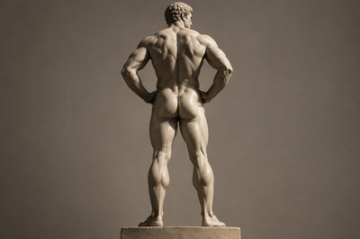 back view of an ancient greek ignudi athlete standing with his hands on his hips 