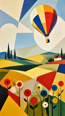 a hot air balloon drifting over rolling flower fields on a sunny day, cheerful, no text