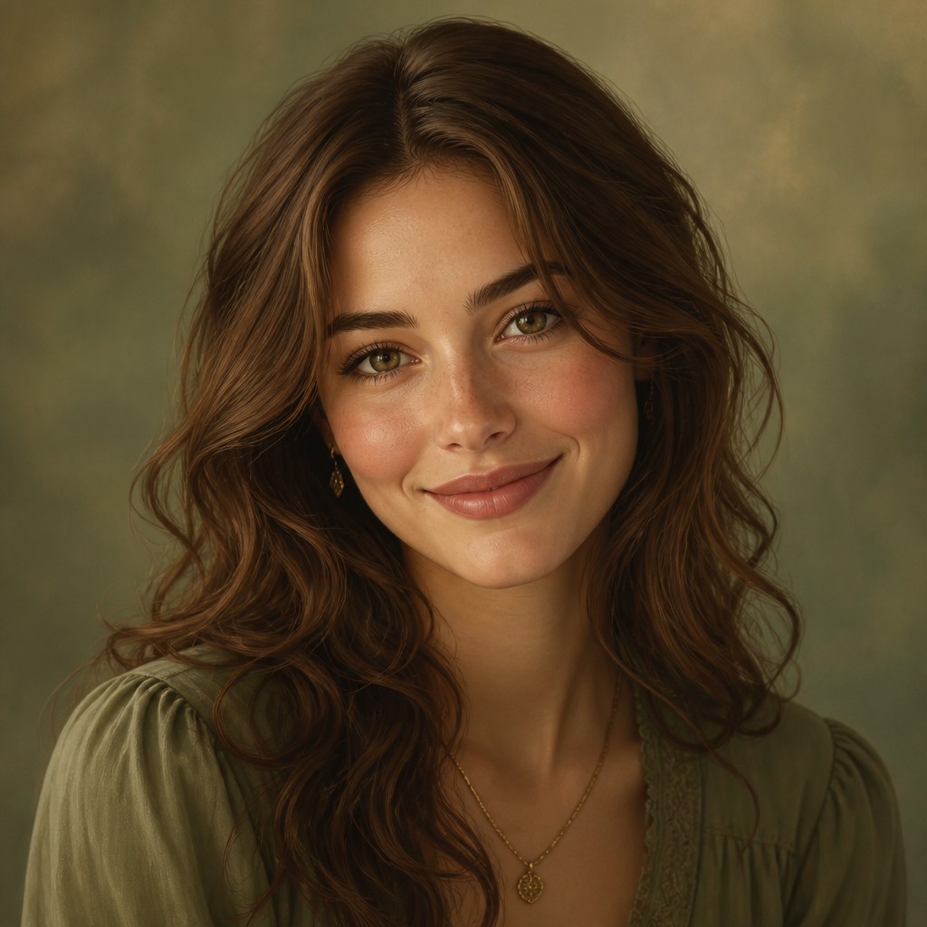 head-and-shoulders portrait of an original character: a young woman with wavy chestnut hair and a warm smile, plain soft backdrop