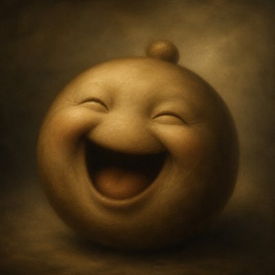 an exaggerated laughing face of an original round mascot character, bold and readable at small size, plain background, no text