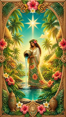 a robed figure pouring water beneath a large eight-pointed star in a night sky, symmetrical composition with an ornate decorative border, no text