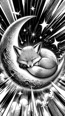 a sleeping baby fox curled on a crescent moon among soft stars, gentle and warm, no text
