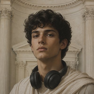 head-and-shoulders portrait of an original character: a young man with curly dark hair and headphones around his neck, plain backdrop, no text