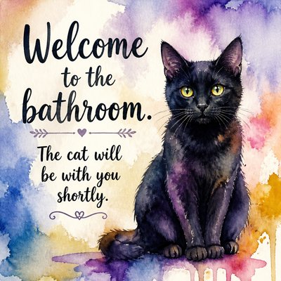 Text:
Welcome to the bathroom. 
The cat will be with you shortly.

Image: black cat