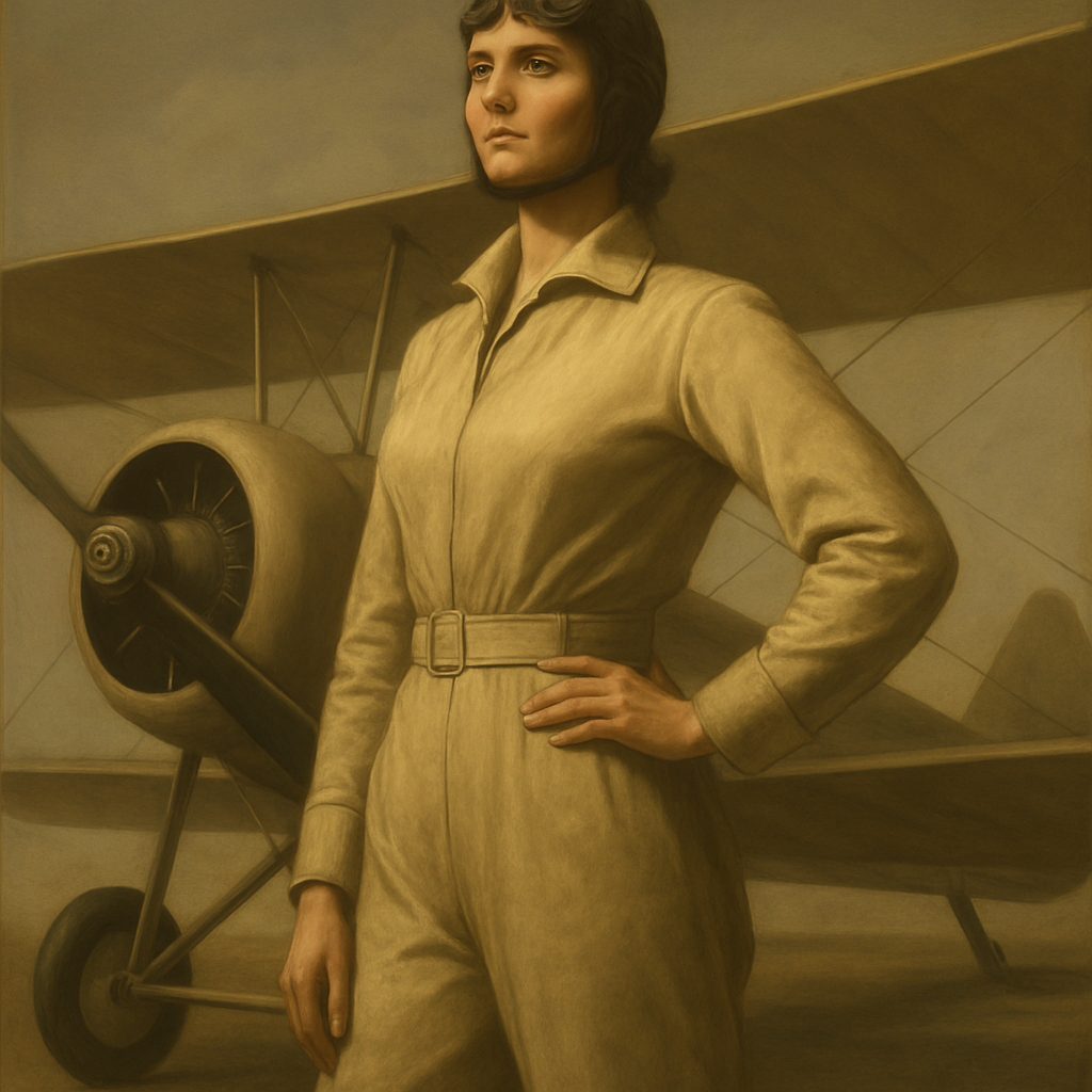 A statuesque, heroic portrait of Lady Mary Bailey (the aviator) standing confidently by her small biplane, the De Havilland Moth.
Style: Neoclassical painting emphasizing idealized forms, clear lines, balanced composition, and muted color palettes (such as marble white, deep blues, and sepia tones). The figures and machine should look elegant and timeless, like a heroic ancient myth.