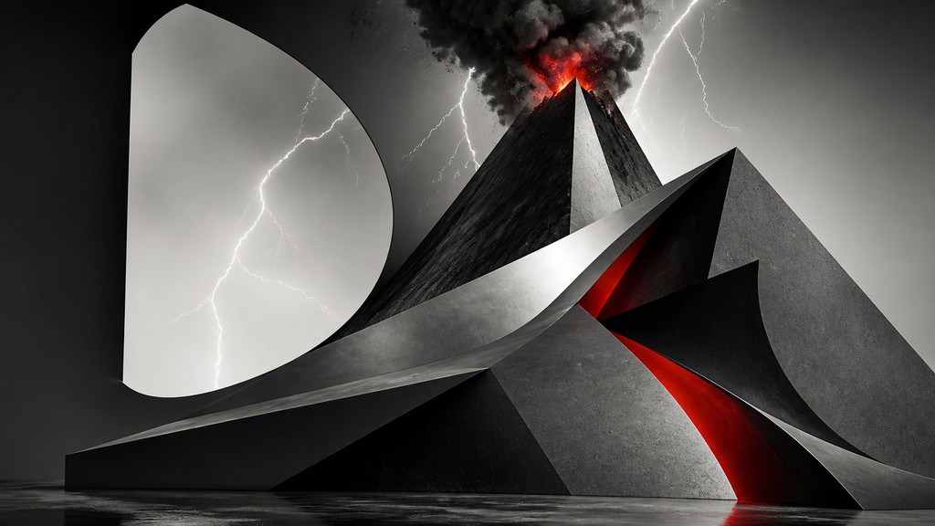 an erupting volcano with lightning strikes, dramatic wide composition, no text
