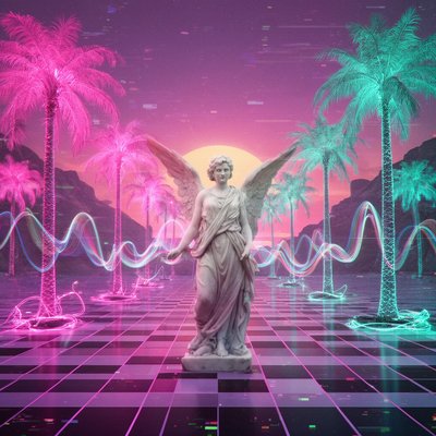 Surreal vaporwave landscape at sunset, marble angel in a checkered grid floor, neon palm trees glowing pink and teal, VHS glitch effects, retro 90s aesthetic, dreamy nostalgic atmosphere, high detail