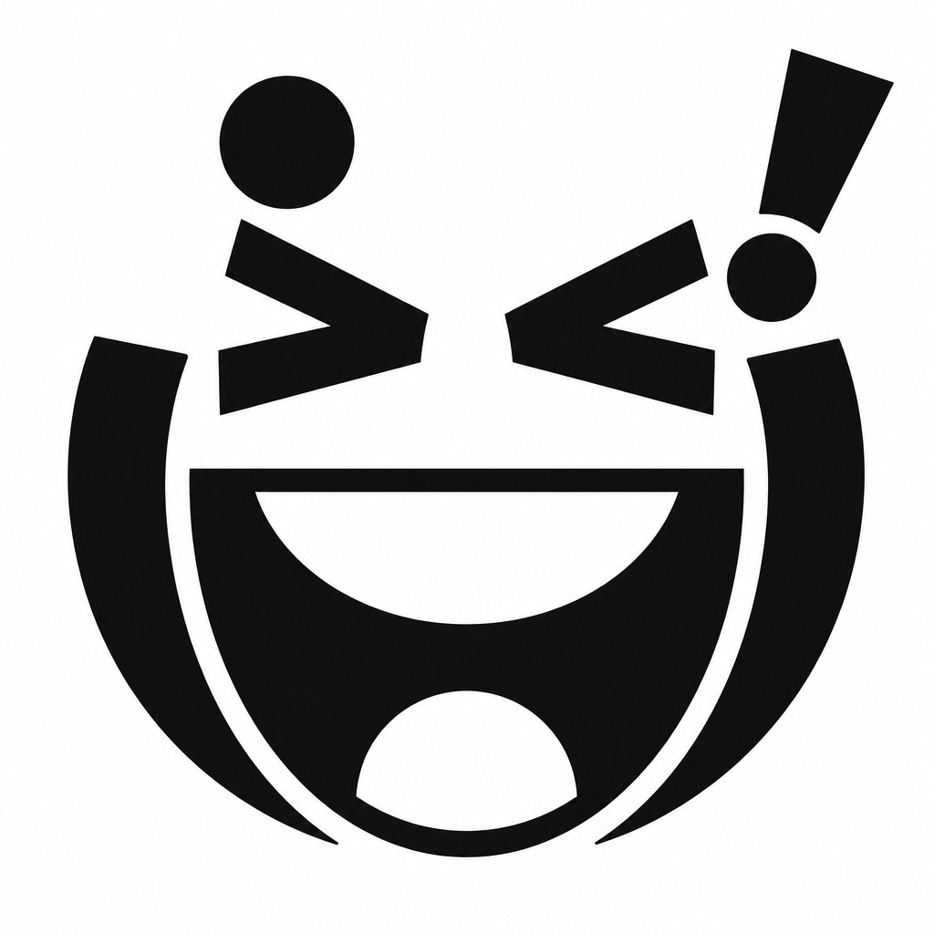 an exaggerated laughing face of an original round mascot character, bold and readable at small size, plain background, no text