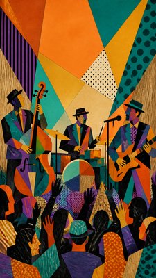 a live music scene with a glowing stage and silhouetted crowd, energetic vertical composition with open space at the top, no text