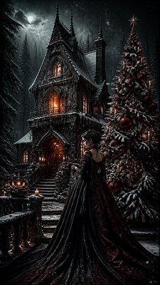 a snow-covered cottage with warm glowing windows beside a decorated pine tree, gentle snowfall, no text