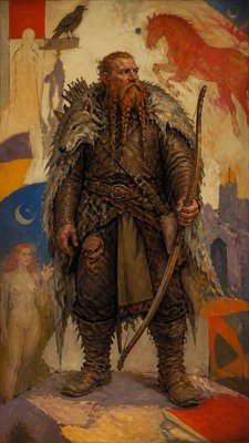 full-body original character: a dwarven ranger with a braided auburn beard, worn leather armor, a longbow and a wolf-pelt cloak, neutral background, no text