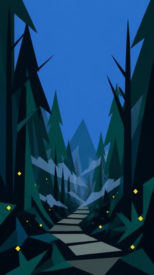 a mysterious forest path with fireflies and drifting mist, atmospheric vertical composition with open space at the top, no text