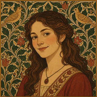 head-and-shoulders portrait of an original character: a young woman with wavy chestnut hair and a warm smile, plain soft backdrop
