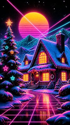 a snow-covered cottage with warm glowing windows beside a decorated pine tree, gentle snowfall, no text