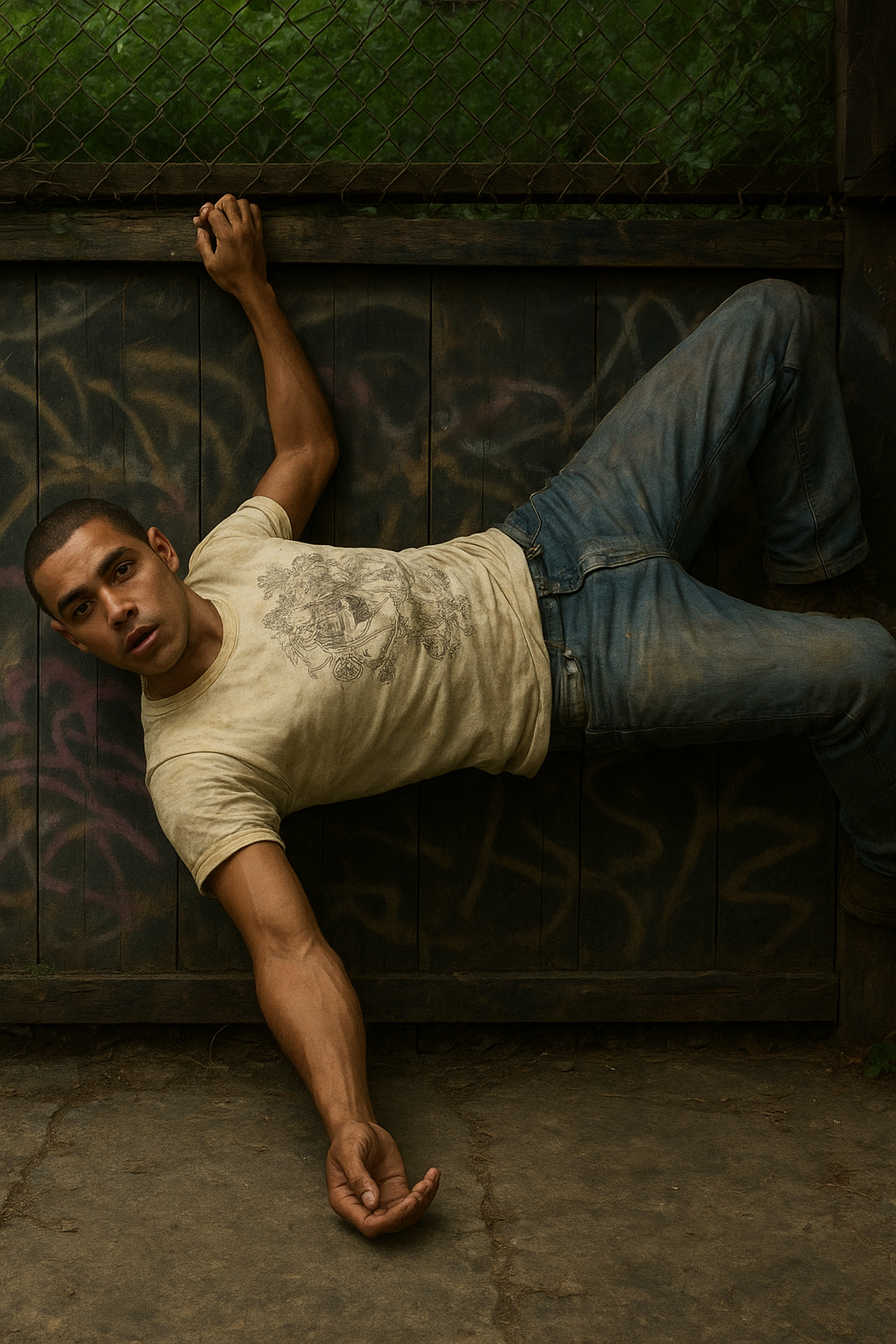 a man laying on the ground in front of a fence