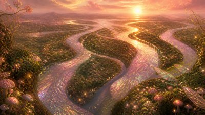 a wide river delta seen from above at sunset, no people