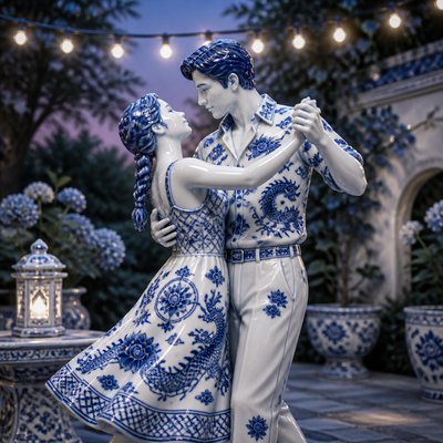 an original couple dancing under string lights in a garden at dusk: a man with short black hair in a linen shirt and a woman with braided red hair in a summer dress