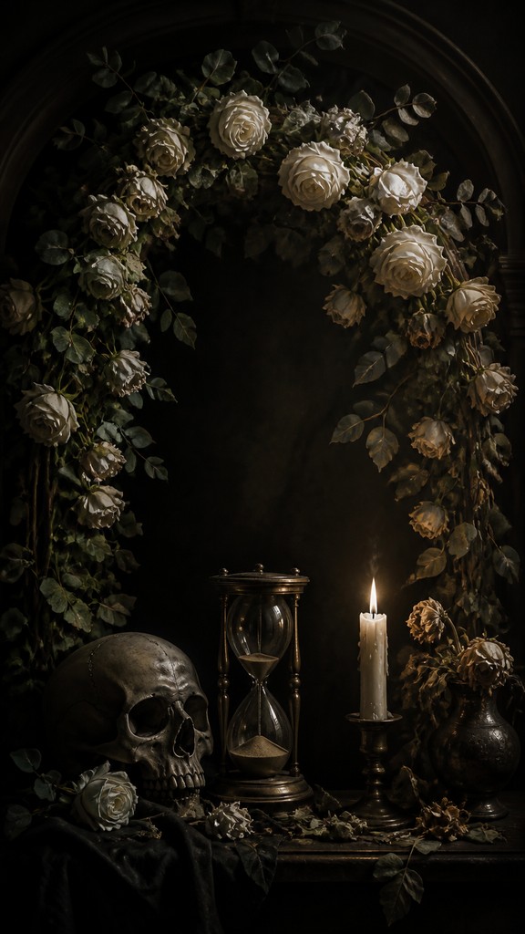 an arch of white roses and eucalyptus in soft morning light, elegant vertical composition with open space, no text