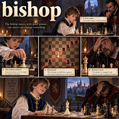 Please create an image for the spelling word "bishop" using chess. The white bishop delivers a move that paralyzes the enemies position and will lead to an eventual victory. Please prominently display the word. 