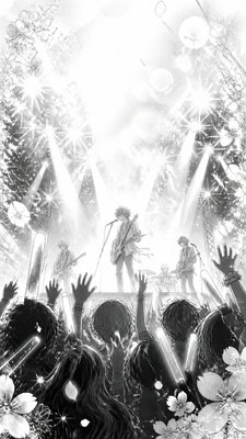 a live music scene with a glowing stage and silhouetted crowd, energetic vertical composition with open space at the top, no text
