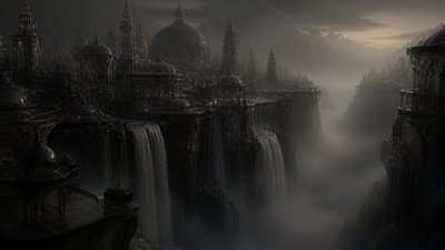 a cliffside city with waterfalls cascading into a misty canyon, wide establishing shot, no people, no text
