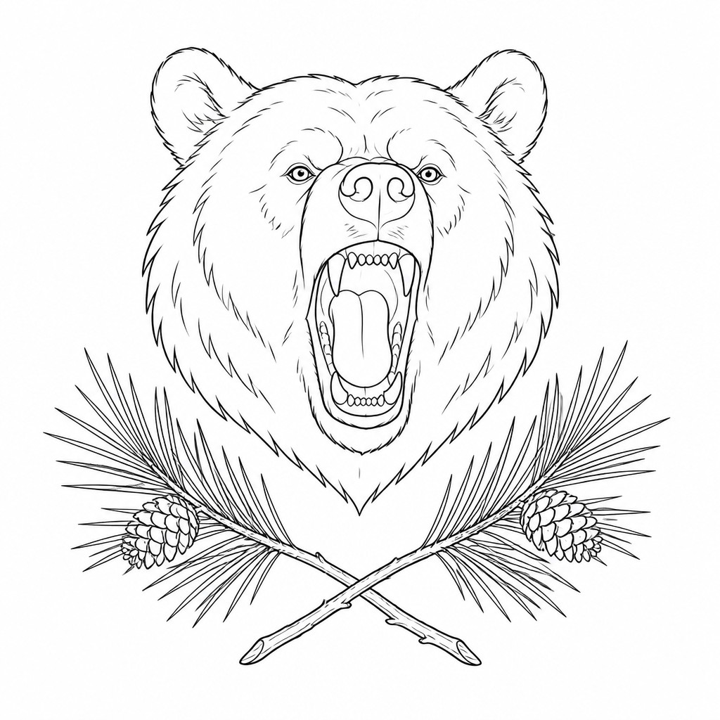 a roaring bear head above crossed pine branches, bold graphic composition on a plain background, no text