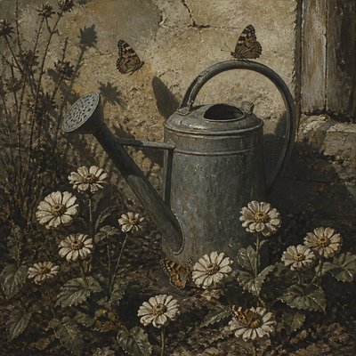 a garden scene with butterflies, flowers and a watering can, clean uncolored line art, no text