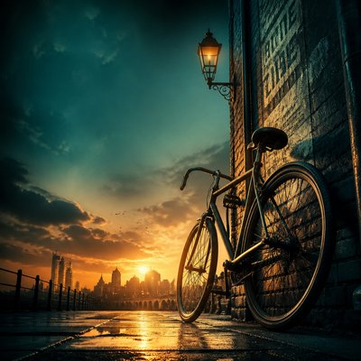 bicyle resting against a wall
