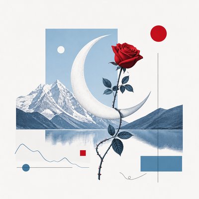 a rose entwined with a crescent moon, clean balanced composition on a plain background, no text