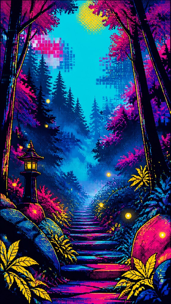 a mysterious forest path with fireflies and drifting mist, atmospheric vertical composition with open space at the top, no text
