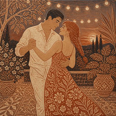 an original couple dancing under string lights in a garden at dusk: a man with short black hair in a linen shirt and a woman with braided red hair in a summer dress