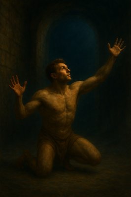 a painting of a man kneeling in a tunnel
