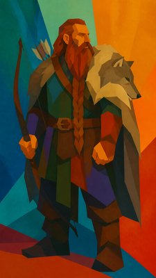 full-body original character: a dwarven ranger with a braided auburn beard, worn leather armor, a longbow and a wolf-pelt cloak, neutral background, no text