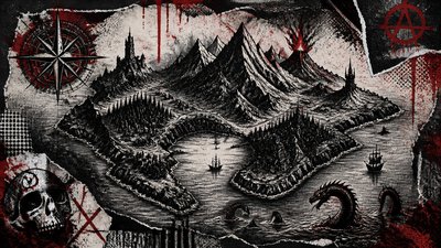a map of an island realm with mountains, forests, a sheltered bay, sea monsters in the water and a compass rose, no text labels