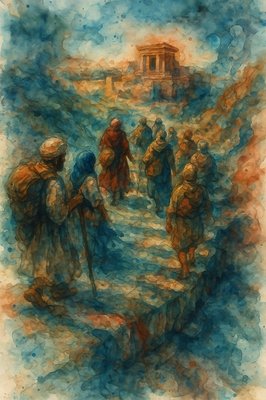 a painting of a group of people walking up a hill