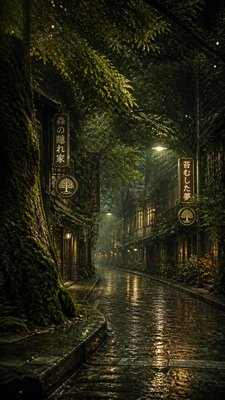 a quiet rainy city street at night reflecting neon signs, no people