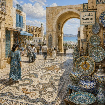 urban street with city activity — Tunisian Art Style