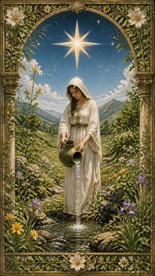 a robed figure pouring water beneath a large eight-pointed star in a night sky, symmetrical composition with an ornate decorative border, no text