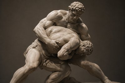 ancient greek wrestler grabbing his opponents torso