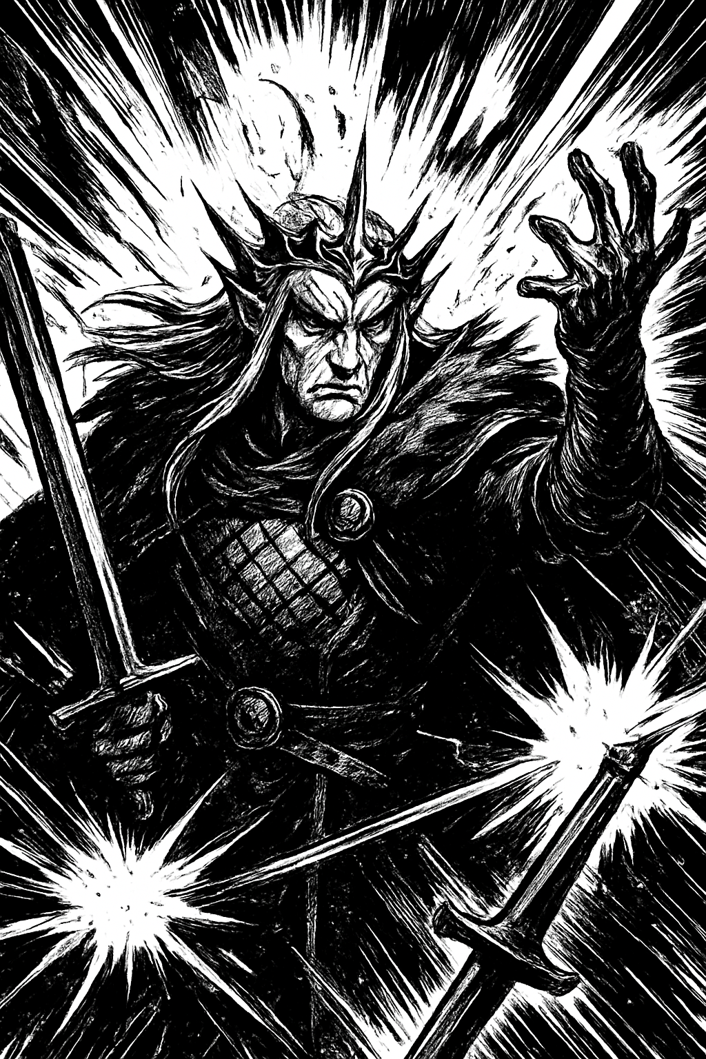 a black and white drawing of a man holding a sword