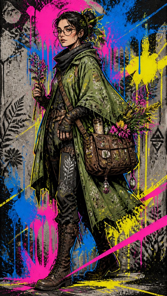 full-body original character: a wandering botanist with a satchel of plants, a patched green cloak, tall boots and round glasses, neutral background