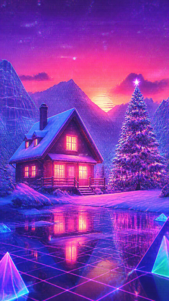a snow-covered cottage with warm glowing windows beside a decorated pine tree, gentle snowfall, no text
